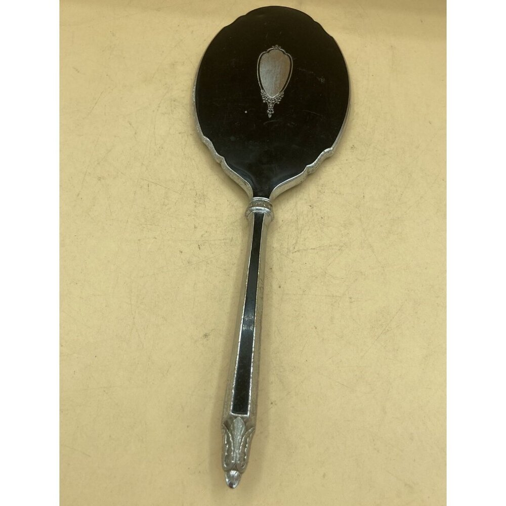 Art Deco Hand Mirror Enameled Black & Silver Plate Marked SB 12”